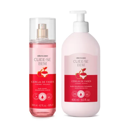 Imagem de dois produtos que fazem parte do Combo Cuide-se Bem Cereja De Fases, sendo um body splash e uma loção corporal de 400ml. As embalagens são muito delicadas, trazendo dois tons de rosa diferentes e uma linda cerejinha estampando o rótulo.
