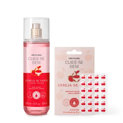 Imagem de dois produtos que fazem parte do Combo Cuide-se Bem Cereja De Fases, sendo um body splash em embalagem transparente, conteúdo rosa e válvula spray e uma cartela de adesivos secativos para espinhas em formato de cereja.