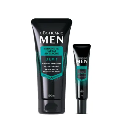 Imagem de dois produtos da marca Boticário Men Antiacne, sendo um frasco de 150 ml  com o sabonete líquido facial e uma bisnaga de gel secativo. As embalagens são na cor preta com detalhes em azul e letras brancas.