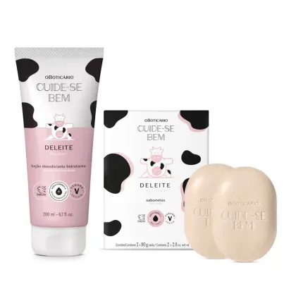Imagem de dois produtos Cuide-se Bem Deleite: frasco de loção hidratante corporal com detalhe rosa e dois sabonetes em barra bege junto com sua embalagem. A caixa dos sabonetes e a bisnaga da loção corporal são brancas e pretas com ilustração de vaca.