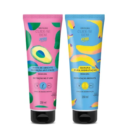 Dois tubos de máscaras capilares da linha Cuide-se Bem da marca Boticário. Um com embalagem rosa com abacate e outro azul com banana, ambos com 250 ml e informações sobre nutrição e hidratação.