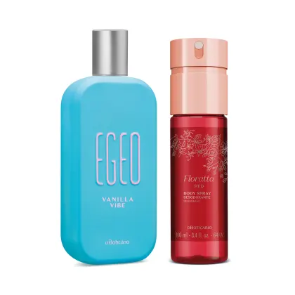 A imagem mostra um frasco azul-turquesa, de cantos arredondados, tampa prateada e com rótulo "Ego Vanilla Vibe" em branco. E outro frasco vermelho e cilíndrico, tampa dourada e com rótulo "Floratta Red Body Spray Desodorante" com letras também douradas.