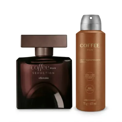 Dois itens de perfumaria da marca Coffee Man: um frasco de perfume masculino Coffee Man Seduction em embalagem de vidro marrom escura e um desodorante aerossol Coffee Man Antitranspirante em embalagem marrom clara.