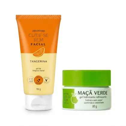 Bisnaga laranja com tampa branca  da linha Cuide-se bem Tangerina e um pote de hidratante branco com detalhes em verde e tampa verde com fragrância Maçã Verde.