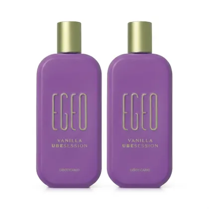 Dois frascos de perfume da marca Egeo, na cor roxa, com rótulo em dourado exibindo o nome "Vanilla Ubession". Os frascos possuem formato cilíndrico e tampa dourada.