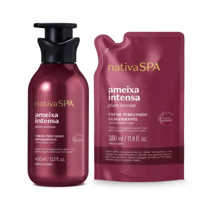 Produtos da linha Nativa SPA Ameixa Intensa: frasco de creme desodorante perfumado de 400 ml e refil de 350 ml em embalagem plástica vermelha com detalhes dourados, exibindo o nome da linha e a descrição "plum intense".