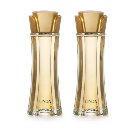 Imagem de dois frascos de desodorante colônia Linda, em embalagem de vidro transparente com líquido bege e tampa em formato de flor na cor dourada. O rótulo traz o nome da marca em letras pretas. Transmite beleza e elegância.