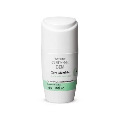 Frasco branco com detalhe azul e letras pretas contendo 55ml de desodorante roll-on Cuide-se Bem Zero Alumínio.