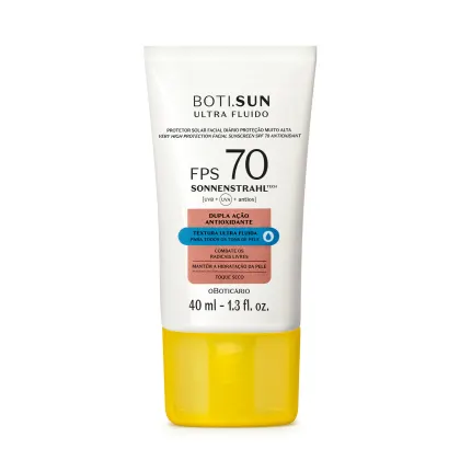 Frasco branco com tampa amarela, letras pretas e detalhes nas cores azul e laranja contendo 40ml de protetor solar facial antioxidante FPS 70 Ultra Fluído da marca Boti.Sun.