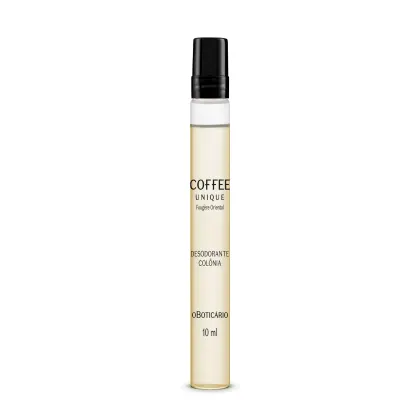 Frasco cilíndrico transparente com líquido amarelado tampa preta de Desodorante Colônia Coffee Man Unique em tamanho compacto de 10ml.