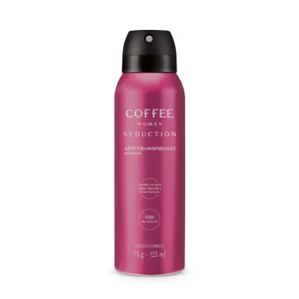 Frasco de aerossol rosa com rótulo "Coffee Woman Seduction" em branco. Produto antitranspirante com proteção de 48 horas, conforme indicado na embalagem.