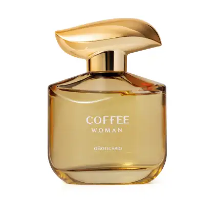 Imagem de um elegante frasco do desodorante colônia Coffee Woman Floriental Ambarado, com cantos arredondado e tampa dourada em formato ondulado, em tons predominantes de dourado e marrom. O rótulo está em letras brancas.