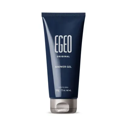 Bisnaga azul marinho com tampa e letras cinzas contendo 200g de shower gel 3 em 1 da marca Egeo Original.