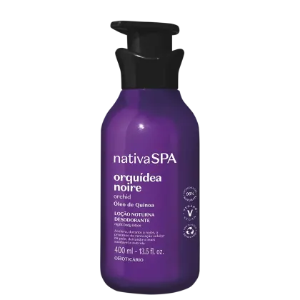 Frasco de loção corporal noturna da linha Nativa SPA, com embalagem roxa e preta, contendo 400 ml do produto "Orquídea Noire" com óleo de quinoa.