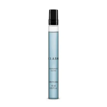 Vidro transparente cilíndrico com líquido azul e tampa preta contendo 10ml de desodorante colônia Clash.