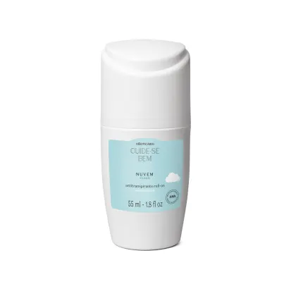 Frasco branco com rótulo azul claro e nuvens ilustradas contendo 55ml de antitranspirante roll-on Cuide-se Bem Nuvem.