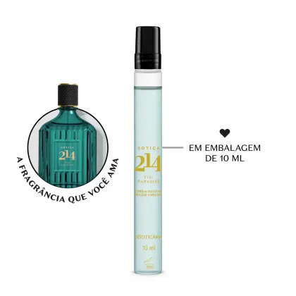 Vidro cilíndrico transparente com líquido azul, tampa preta e letras douradas contendo 10ml de Eau de Parfum masculino Fougére Especiado da marca Botica 214 Fiji Paradise. Ao lado, um vidro verde com tampa preta e letras douradas da mesma fragrância.
