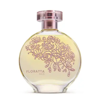Vidro transparente redondo com florais em relevo e líquido dourado, borrifador também dourado e tampa transparente contendo 75ml de desodorante colônia Floratta Gold.