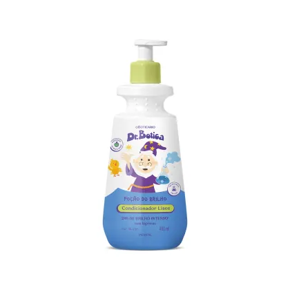 Imagem de frasco branco com bomba doseadora amarela e rótulo azul com ilustrações de personagens da marca Dr. Botica, contendo 400ml de condicionador infantil para cabelos lisos.