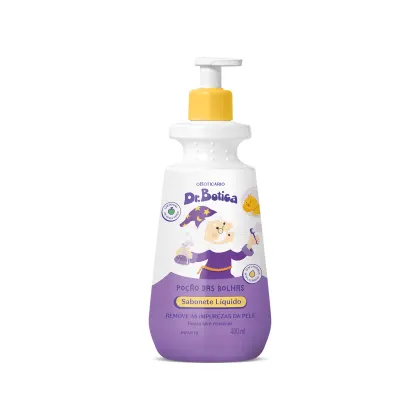 Frasco branco com bomba doseadora amarela e rótulo roxo contendo sabonete líquido infantil Dr. Botica com ilustrações de personagens da marca.