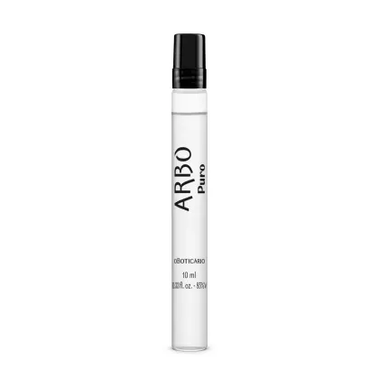 Frasco compacto e transparente de item de perfumaria da marca Arbo, com design minimalista e tampa borrifadora preta, contendo 10 ml de produto.