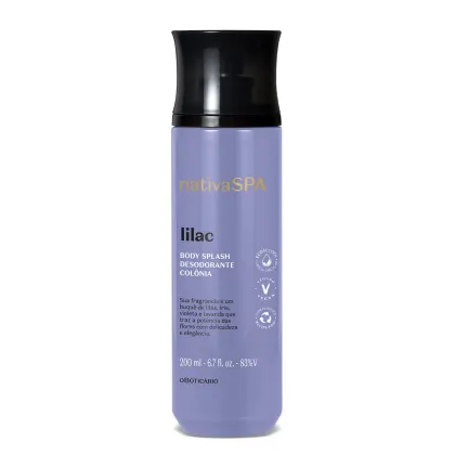 Frasco cilíndrico na cor lilás com tampa preta e letras brancas e pretas  contendo 200ml de body splash Nativa SPA Lilac.
