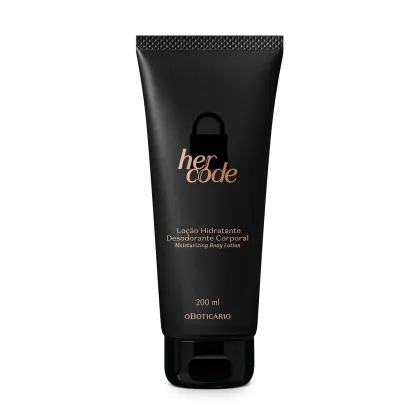 Frasco preto com letras douradas contendo 200ml de loção hidratante corporal da marca Her Code.