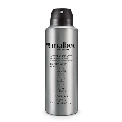 Desodorante antitranspirante aerossol da marca Malbec, com embalagem metálica prateada e preta. O produto possui rótulo com informações sobre sua fórmula, proteção de 48 horas e perfumação intensiva.