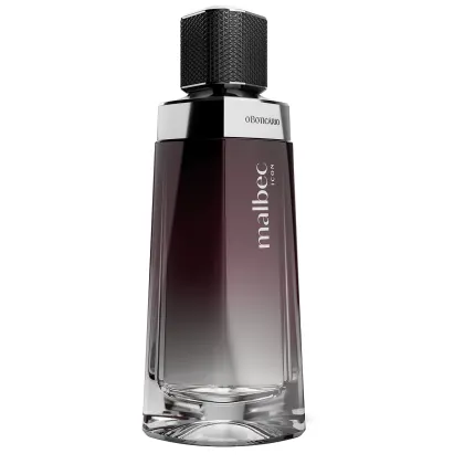 Vidro com degradê de preto e branco, detalhe prateado próximo à tampa preta e rótulo com letras cinza contendo 100ml de desodorante colônia Malbec Icon.