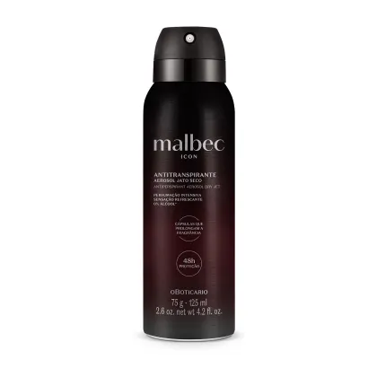 Na imagem um desodorante antitranspirante da marca Malbec, da linha Icon. O frasco é preto e possui detalhes em relevo, dando um visual sofisticado. No rótulo indica que é um aerossol jato seco, com perfumação intensa e refrescante, sem álcool de 125mll.