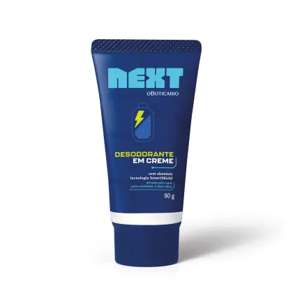 Embalagem azul escura de desodorante em creme da marca Next, com tecnologia SmartShield e sem alumínio, com detalhes em sobretom de azul um pouco mais claro e um ícone de bateria com um raio amarelo dentro.