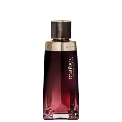 Frasco de perfume Malbec com design elegante em tons de vermelho e dourado, contendo líquido de cor rosada. O rótulo exibe o nome da marca em destaque.