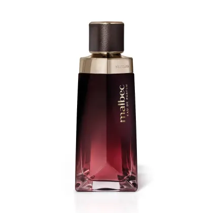 Frasco de item de perfumaria da marca Malbec, com formato retangular, em tons de marrom e vermelho, com rótulo dourado destacando o nome da marca.