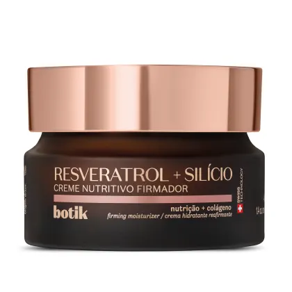 Embalagem em pote plástico âmbar com tampa rosé gold e texto em dourado.