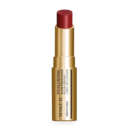 Batom preenchedor na cor Vermelho Red Classic da marca Make B. Hyaluronic em tubo dourado com letras pretas.