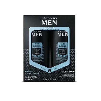 Kit de shampoo e condicionador anticaspa da marca oBoticário Men visto de frente, cujas embalagens estão dentro de uma caixa de papelão preta e azul com um recorte na frente onde é possível ver as embalagens dentro da caixa.