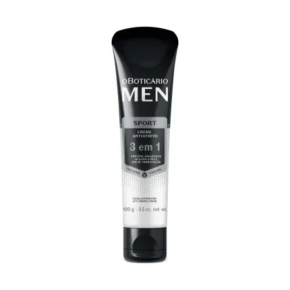 Bisnaga preta e branca com detalhes cinza contendo 100g de creme antiatrito 3 em 1 da marca Men Sport.