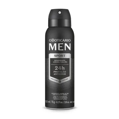 Frasco preto com detalhes prateados e letras brancas contendo 125ml/75g de desodorante aerossol para os pés da marca Men Sport.