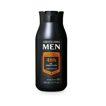 Frasco preto com detalhes na cor laranja e letras brancas contendo 200ml de loção desodorante hidratante corporal da marca Men.