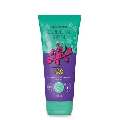 Bisnaga em tons de azul com ilustração da personagem Sandy Bochechas contendo 200ml de loção desodorante hidratante Cuide-se Bem Bob Esponja e Amigos.