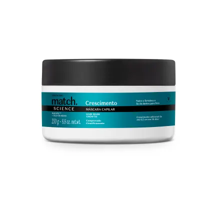 É uma máscara capilar da linha Match Science para crescimento do cabelo. O produto vem em uma embalagem plástica branca e preta com detalhes em azul turquesa. A embalagem é um pote redondo com tampa preta.