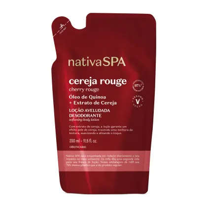 Refil de loção aveludada corporal da marca Nativa SPA Cereja Rouge em sachê vermelho escuro, letra brancas e detalhe rosa, contendo 350ml do produto.