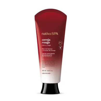 Loção corporal aveludada desodorante da linha Cereja Rouge da Nativa SPA. Frasco plástico vermelho escuro com tampa preta. Texto descrevendo o produto como uma loção corporal aveludada com extrato de cereja e óleo de quinoa