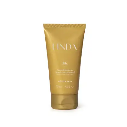O produto apresentado é um creme hidratante desodorante corporal da marca Linda. A embalagem é um tubo dourado  e o nome da marca está destacado em letras amarelas.