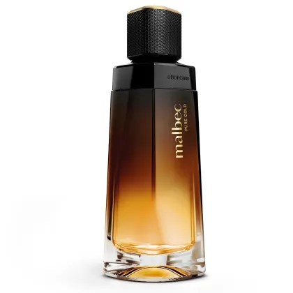 Frasco de perfume Malbec Pure Gold, com design elegante em preto e dourado, contendo um líquido âmbar em seu interior. O rótulo exibe o nome da marca "Malbec" em destaque.