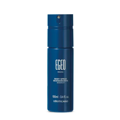 Frasco cilíndrico azul marinho com letras brancas contendo 100ml de body spray da marca Egeo Original.