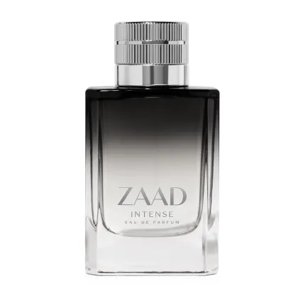 Frasco de perfume Zaad Intense, com design elegante em tons de preto e prata, contendo líquido em gradiente de cor. O rótulo destaca o nome da marca "ZAAD" em letras grandes.