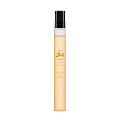 Vidro transparente cilíndrico com tampa preta e líquido rosado contendo 10ml de Eau De Parfum Botica 214 Sevilla Dorada Floral Frutal.