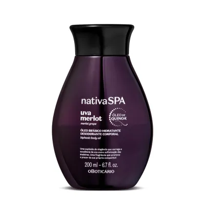 Frasco de200ml de óleo corporal hidratante da marca Nativa SPA Uva Merlot, na cor roxa escura, tampa preta com rótulo em letras douradas e brancas.