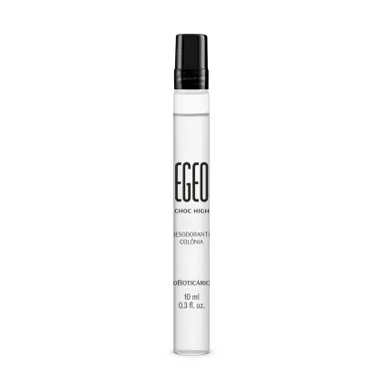 Vidro transparente em formato cilíndrico com tampa preta e letras pretas contendo 10ml de desodorante colônia Egeo Choc High.
